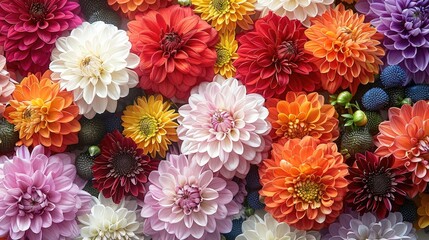 Flowers wall background with amazing red, orange, pink, purple, green and white chrysanthemum flowers, Wedding decoration, hand made Beautiful flower wall background.