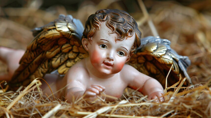 small baby jezus figurine with golden wings rests on a bed of straw © Volodymyr Shcherbak