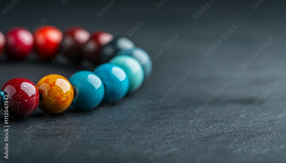 Poster a colorful assortment of spherical beads is arranged in a circular pattern on a dark surface, showca