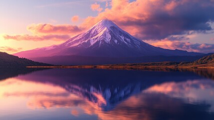 Fototapeta premium Breathtaking view of a snow-capped mountain reflecting in a tranquil lake during sunset.