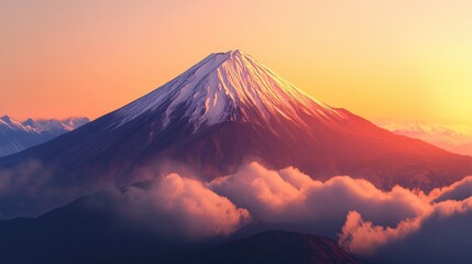 A breathtaking view of Mount Fuji at sunrise, showcasing its snowy peak against a colorful sky.