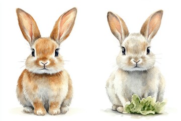 Two adorable rabbits, one brown and one white, with a piece of lettuce.