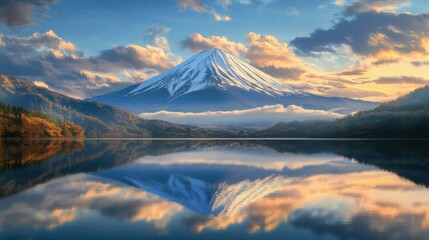 Fototapeta premium Serene view of snow-capped mountain reflecting in calm lake at sunrise, surrounded by lush greenery and vibrant autumn colors.