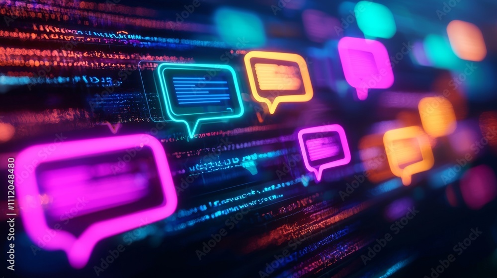 Poster a vibrant digital representation of chat bubbles and data streams, symbolizing communication and int