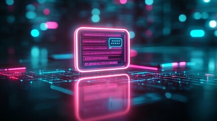 A futuristic device glows with pink and blue neon lights, set against a digital background, symbolizing technology and innovation.