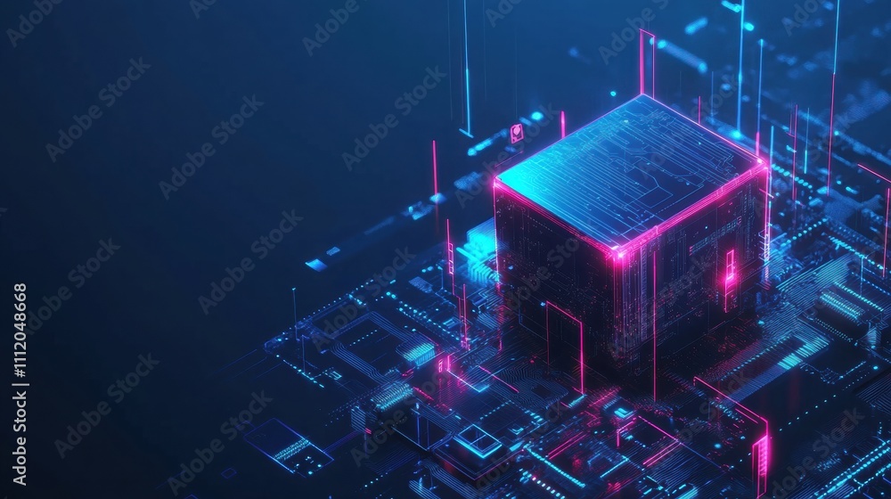 Poster A digital AI chip merges with an abstract tech brain, glowing on a dark blue background that highlights its AI features. Generative AI