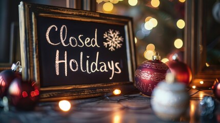 Festive Closed for Holidays chalkboard with ornaments and lights