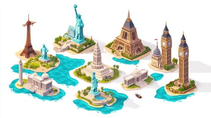 Obraz premium An enchanting illustration of famous global landmarks, featuring iconic structures from around the world.