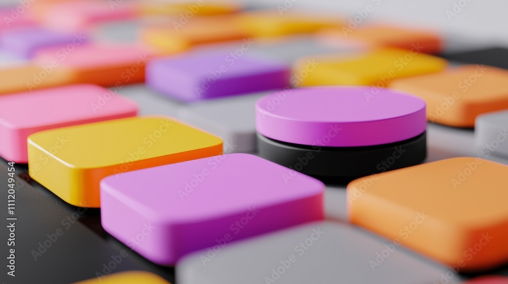 Poster a colorful array of geometric shapes featuring various sizes and hues, highlighting a vibrant and pl