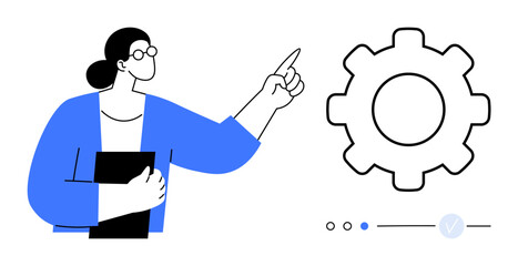 Manager holding a folder, pointing at a large gear. Ideal for leadership, workflow improvement, productivity, technology, strategy, team management and business solutions. Line metaphor