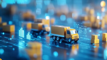 A futuristic scene depicting a truck among digital cargo boxes, symbolizing logistics, transportation, and supply chain management with data visualization.