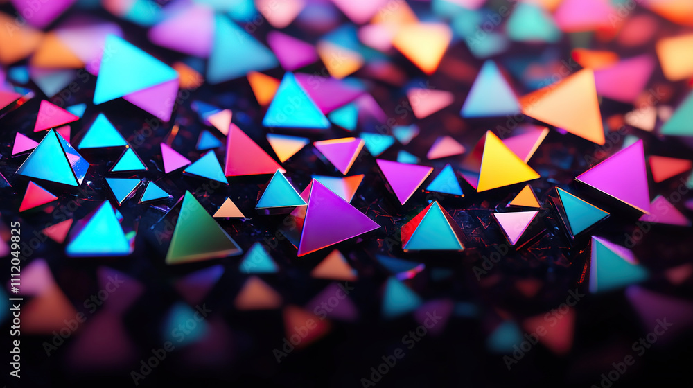 Poster dynamic abstract composition featuring colorful triangles in vibrant hues. arrangement creates visua