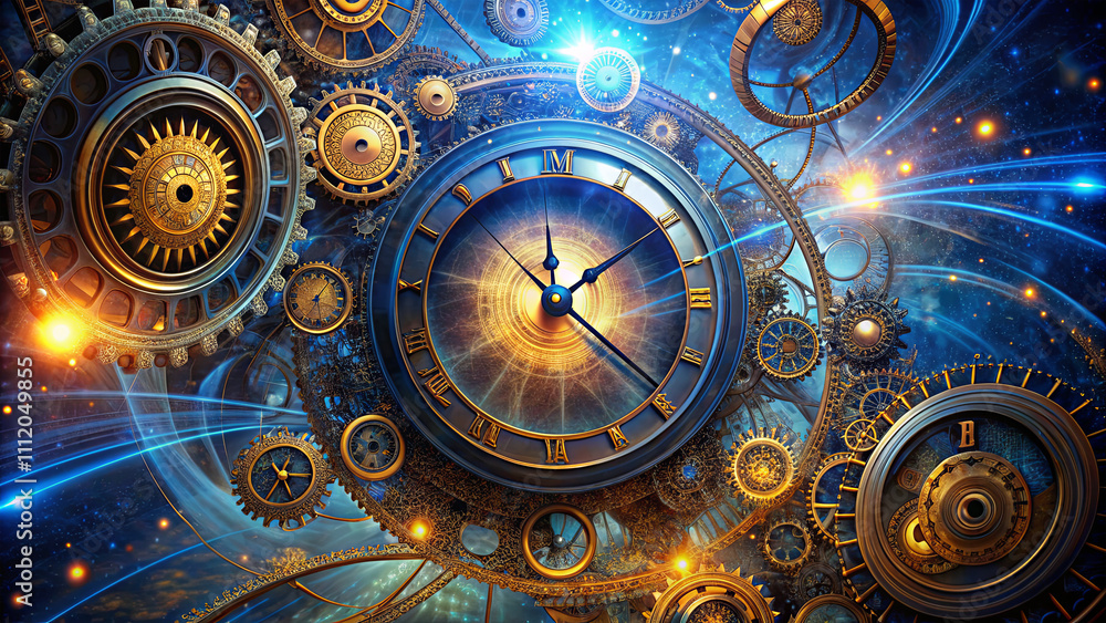 Poster intricate clockwork gears surround a luminous clock face, creating a vivid representation of time tr