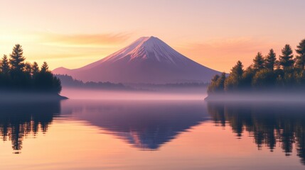 Majestic Mount Fuji at sunrise, reflecting beautifully in tranquil waters surrounded by misty trees.