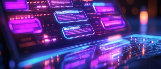 Obraz premium A futuristic laptop displays vibrant neon graphics and glowing keys, reflecting a high-tech digital environment.