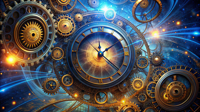 Intricate clockwork gears surround a luminous clock face, creating a vivid representation of time travel. The cosmic background enhances the surreal, dreamlike atmosphere of the design