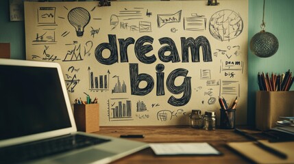 Inspirational "Dream Big" poster on creative workspace wall with sketches, desk accessories, laptop, and motivational decor, office design, brainstorming ideas, productivity.