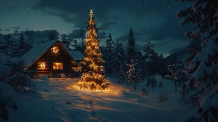Fototapeta premium Snowy Christmas tree scene with cozy cabin in forest