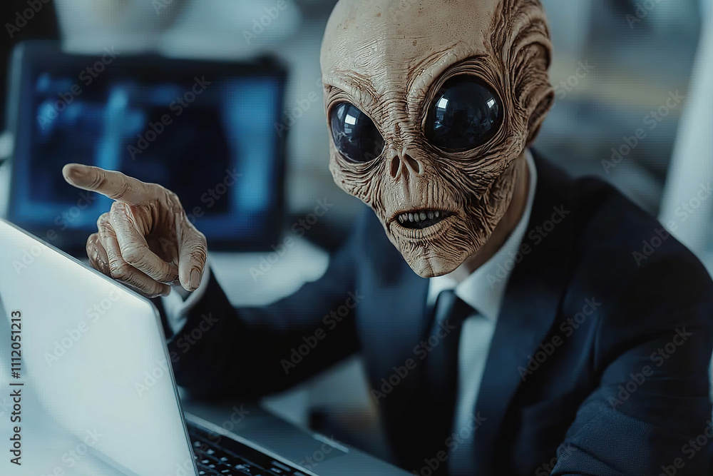 Poster alien in business suit pointing at laptop, showcasing unique blend of sci fi and corporate themes. c