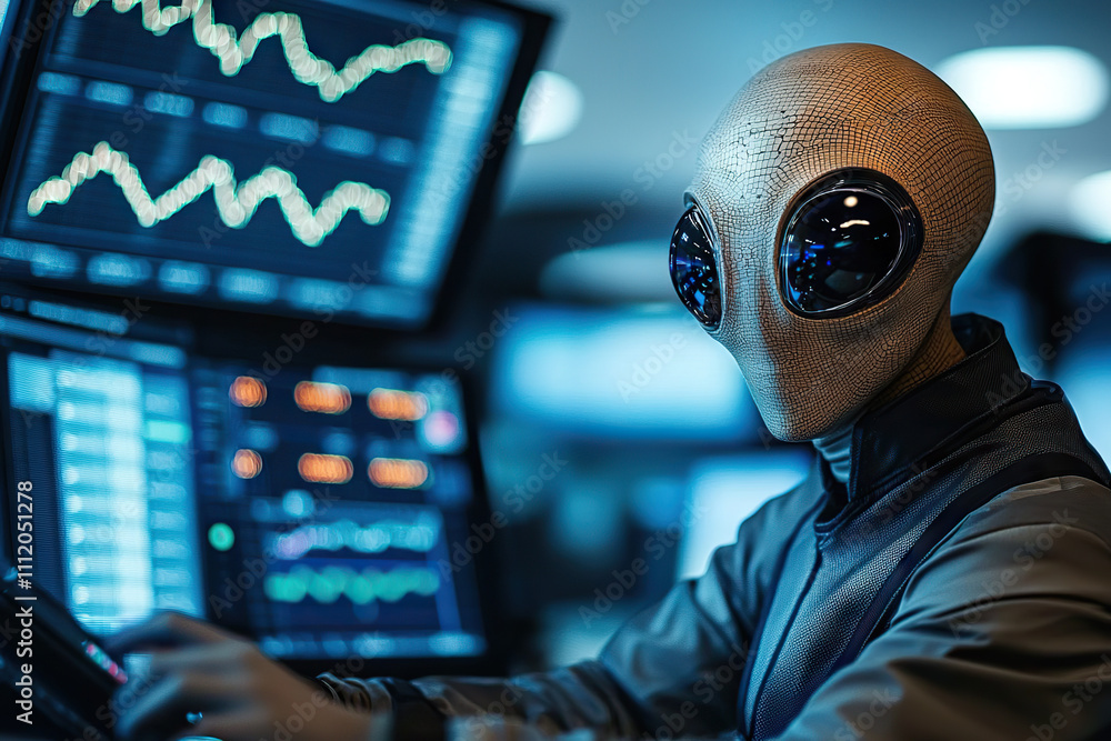 Poster alien businessman analyzing data on multiple screens in futuristic office. scene captures blend of t