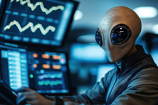 Alien businessman analyzing data on multiple screens in futuristic office. scene captures blend of technology and extraterrestrial presence, showcasing advanced analytics