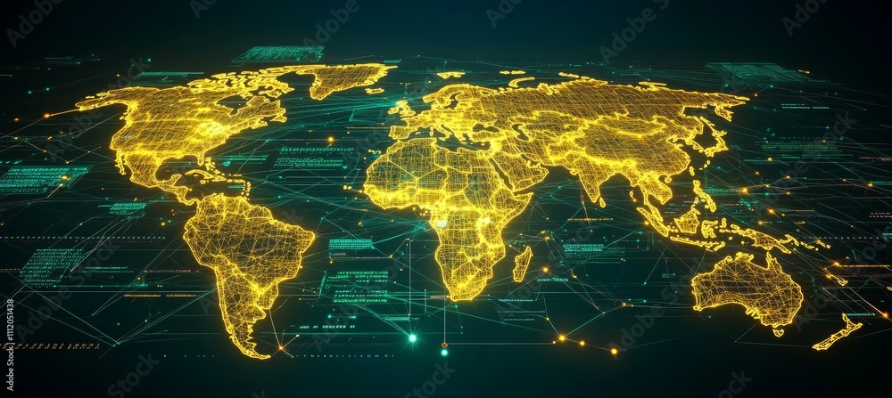Aufkleber Glowing yellow digital world map. Global earth atlas. Generative AI technology.