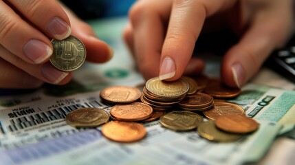 Close-Up of Hands Counting Coins and Banknotes on Table, selective focus