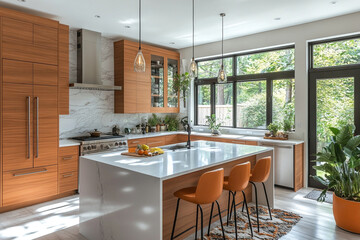 Obraz premium Modern Kitchen Island Design With Wooden Cabinets And Marble Countertops