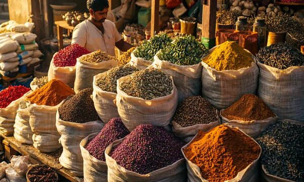 Aromatic Spice Market: A Merchant Tends to Mountains of Colorful Spices