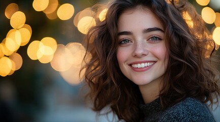 Obraz premium Radiant Beauty: Smiling Girl with Sparkling Eyes Amidst Magical Colorful Lights