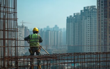 Construction worker on high-rise building site, overlooking cityscape.  Hardworking professional in safety gear.