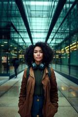 Obraz premium Portrait of a young woman with curly hair and headphones
