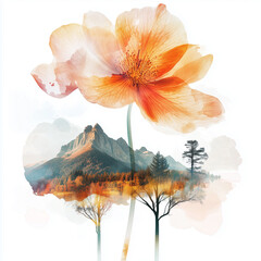 Double exposure of a Flower Silhouette natural landscape blends together