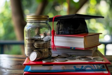 A stack of red books with a graduation cap and a jar of coins, symbolizing financial savings for education amid vibrant knowledge in a scholarly environment.