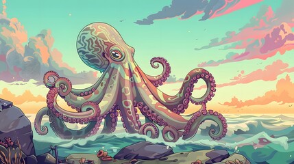 Obraz premium Octopus and beautiful sea view, amazing octopus commotion scene