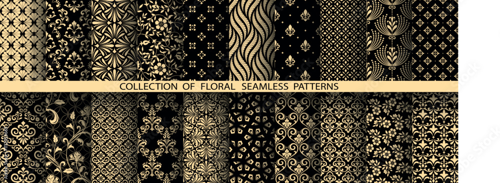 Poster geometric floral set of seamless patterns. golden and black vector backgrounds. damask graphic ornam