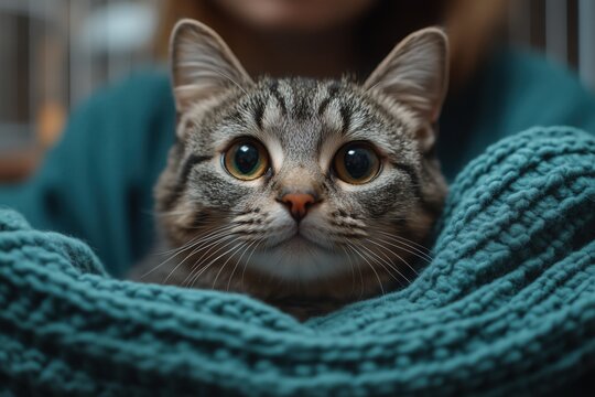 Curious Kitty: A close-up portrait of a tabby cat with striking yellow eyes, nestled in a cozy teal knitted blanket. The cat's inquisitive gaze and soft fur create a heartwarming image.