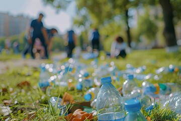 A lush park visually marred by countless discarded plastic bottles, with blurred figures in the background, symbolizing environmental neglect and community disconnection.