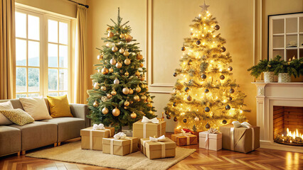 A beautifully decorated living room features two Christmas trees adorned with lights and ornaments, surrounded by wrapped gifts. The warm ambiance enhances the festive spirit