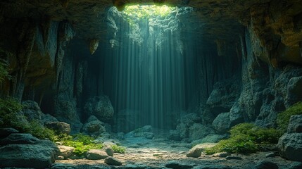A serene cave illuminated by sunlight, showcasing natural beauty and tranquility.