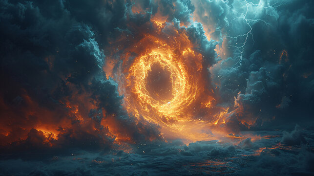 A visually mesmerizing representation featuring a circle of electric lightning against a fiery and dynamic background, showcasing a high contrast between the blue and orange color