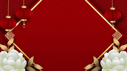 Chinese lunar new year red background with oriental style decoration and copy space for text