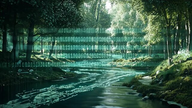 Digital Forest Stream: Binary Code Flows Through Nature in a Surreal Deepmind AI Visualization