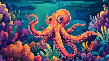 Fototapeta premium Octopus and beautiful underwater scenery, Underwater Scene with Incredible Commotion of an Octopus