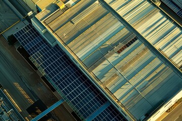 An aerial shot showcases a modern building's rooftop covered in solar panels, symbolizing renewable energy, urban advancement, and sustainable architectural design.