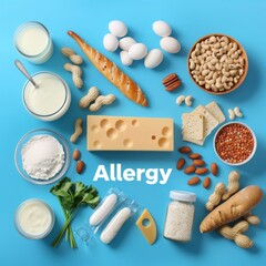 Assortment of various foods like nuts, dairy, bread, and eggs displayed against a blue background, highlighting common allergens with 'Allergy' written in the center.