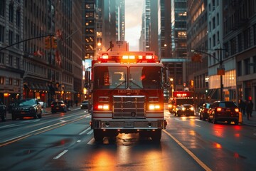 A fire engine with sirens blaring moves through a city avenue, amidst glowing skyscrapers, during the vibrant hues of the golden hour sky.