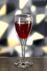 Cordial glass with liquor on wooden table against wall with spotlights. Bar theme. Dark environment. 3d rendering.