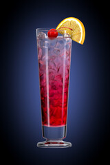 Refreshing cocktail with cherry and orange on accent gradient background. Bar theme. Drink with orange and cherry. Sling glass. 3d rendering.