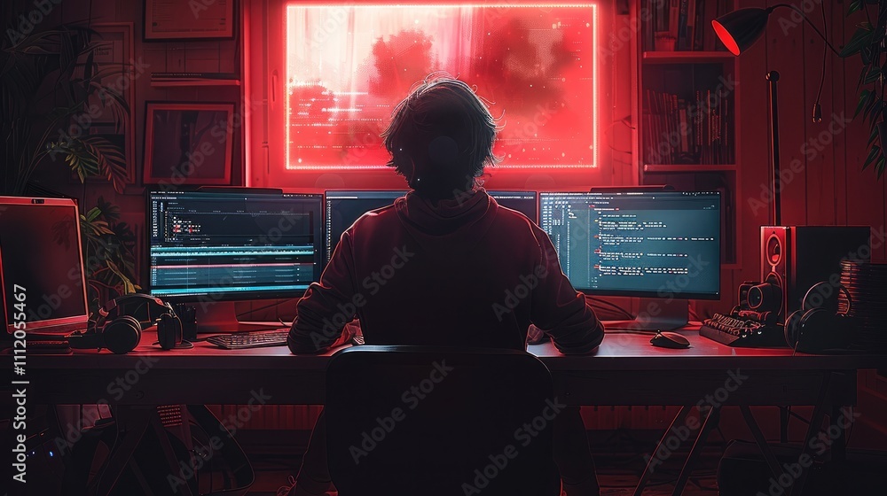Poster rear view. a young video editor sitting in a dark room illuminated by deep red light.